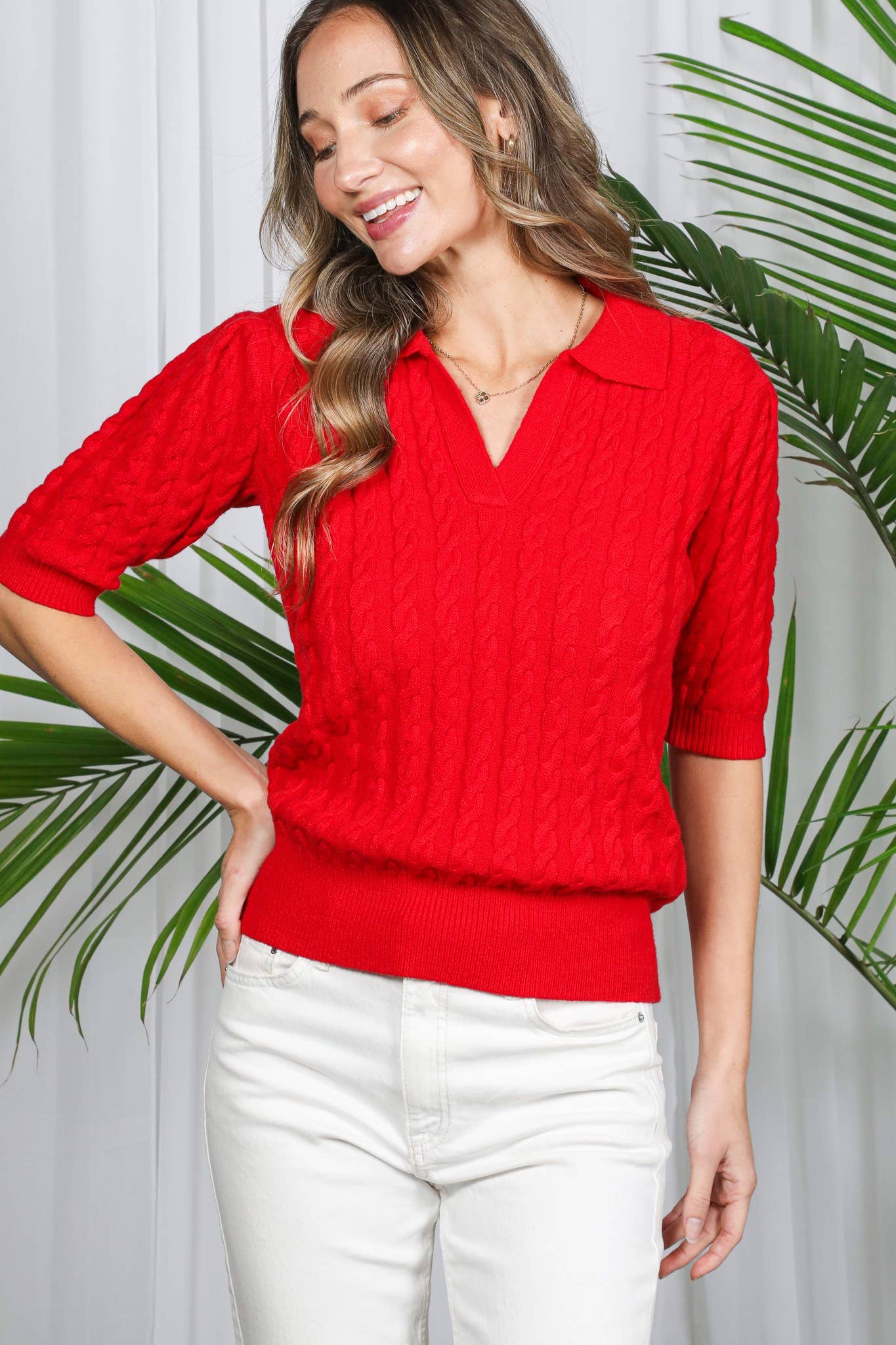 Collared Split Neck Cable Detail Knitted Sweater VT82673