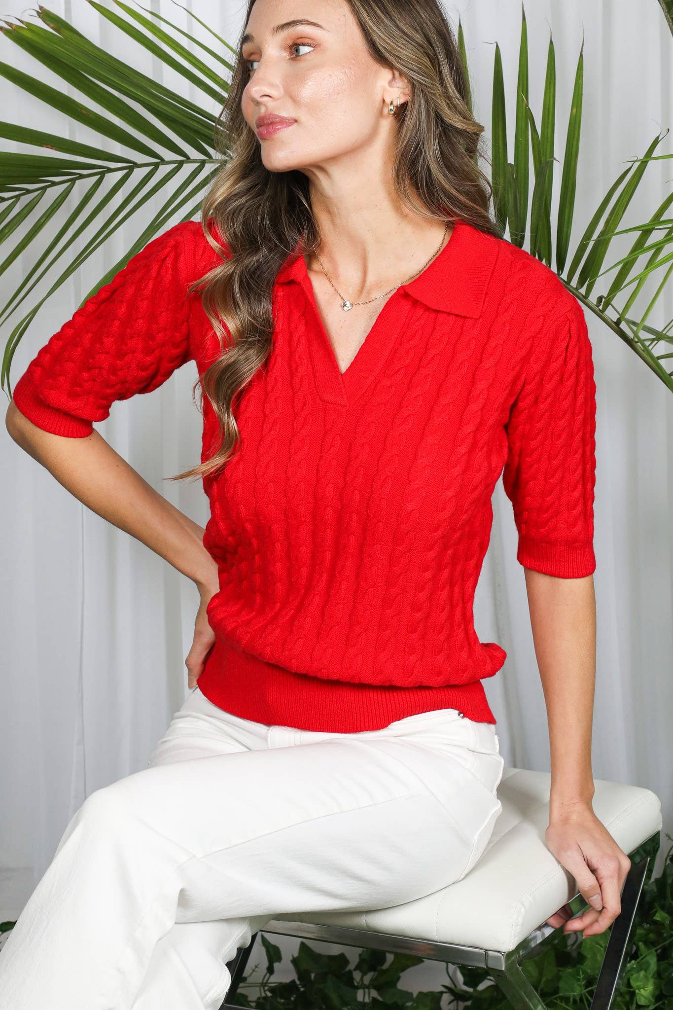 Collared Split Neck Cable Detail Knitted Sweater VT82673