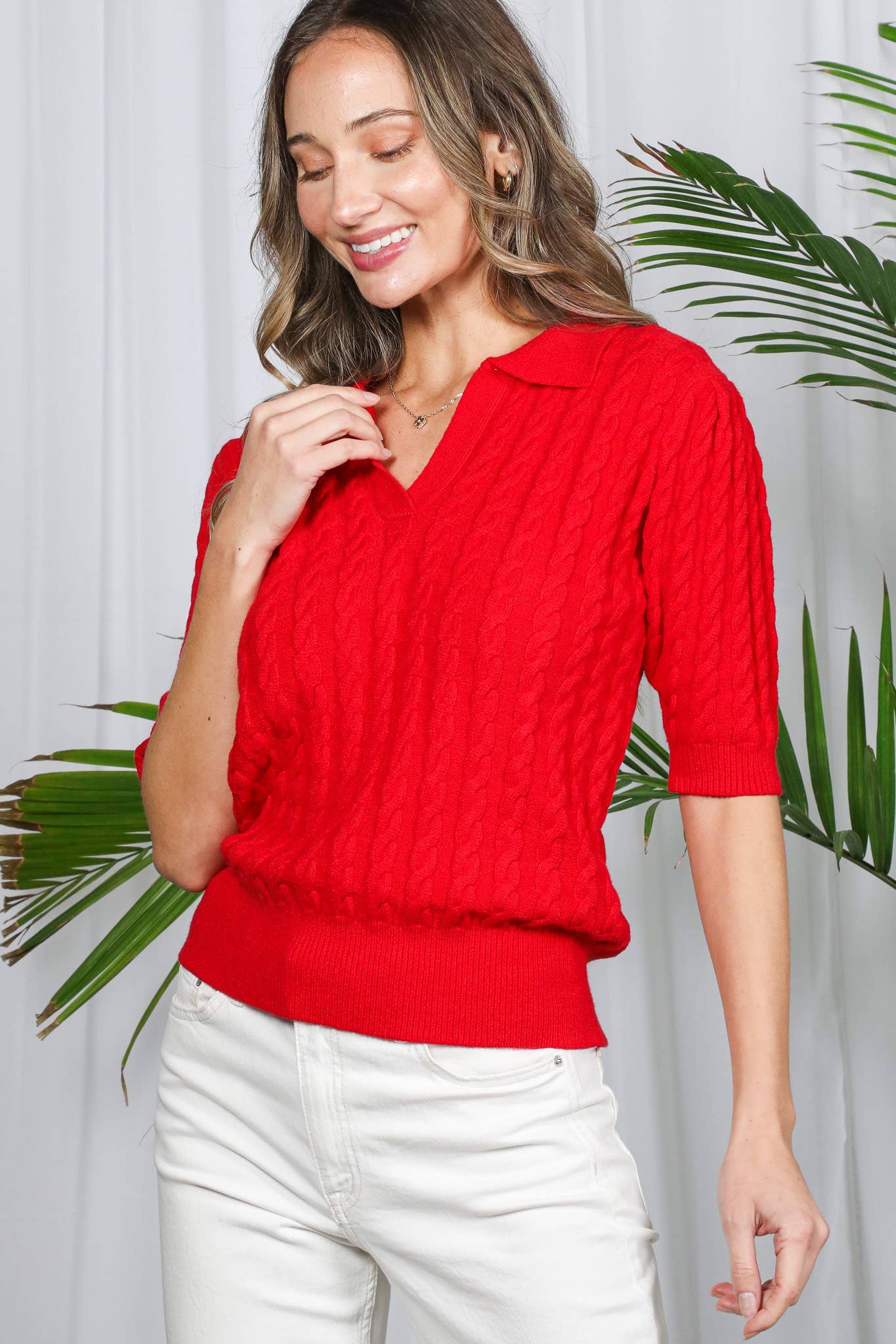 Collared Split Neck Cable Detail Knitted Sweater VT82673