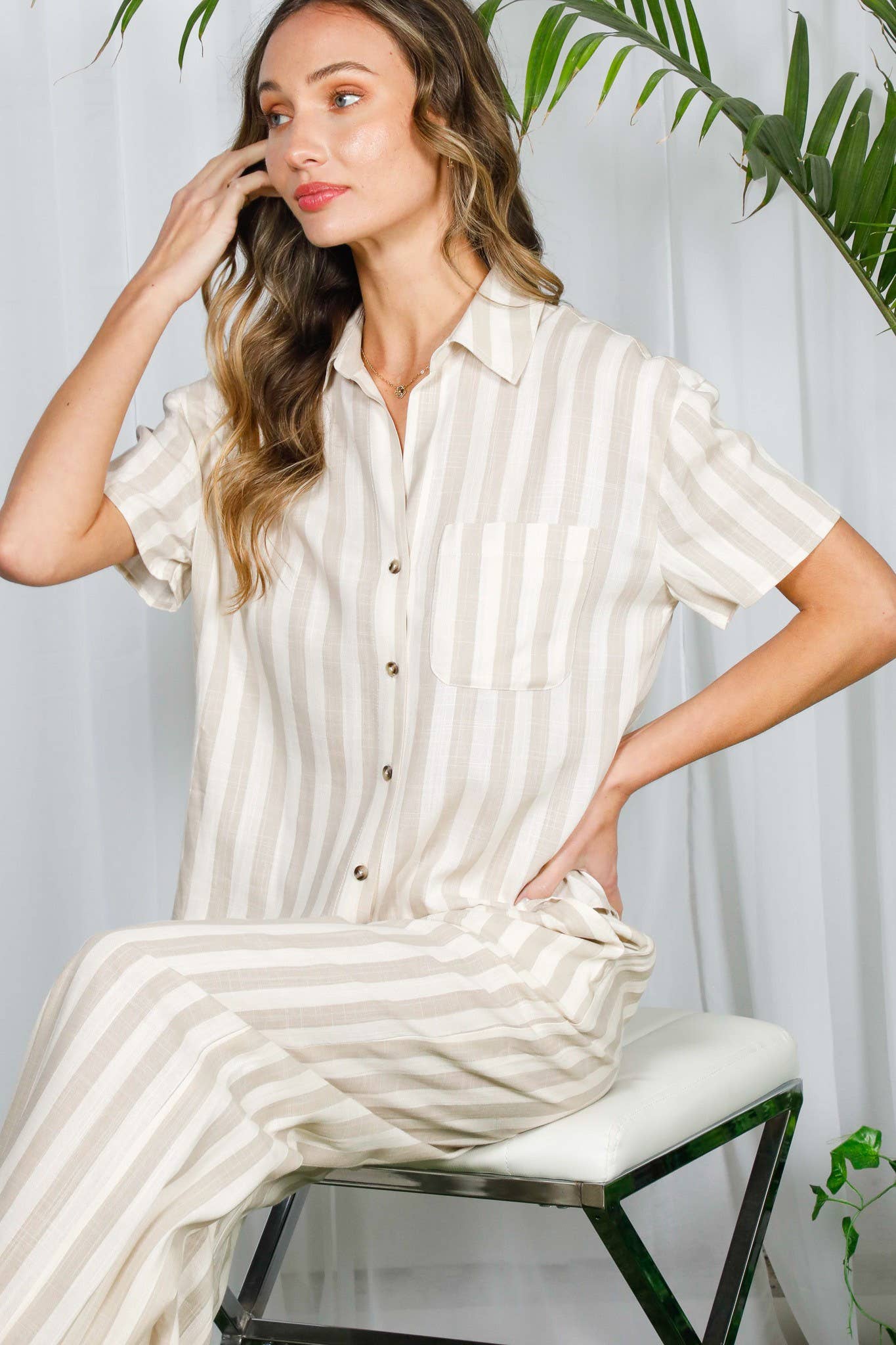 High-Rise Smocked Band Pocket Detail Stripe Pants VP82353