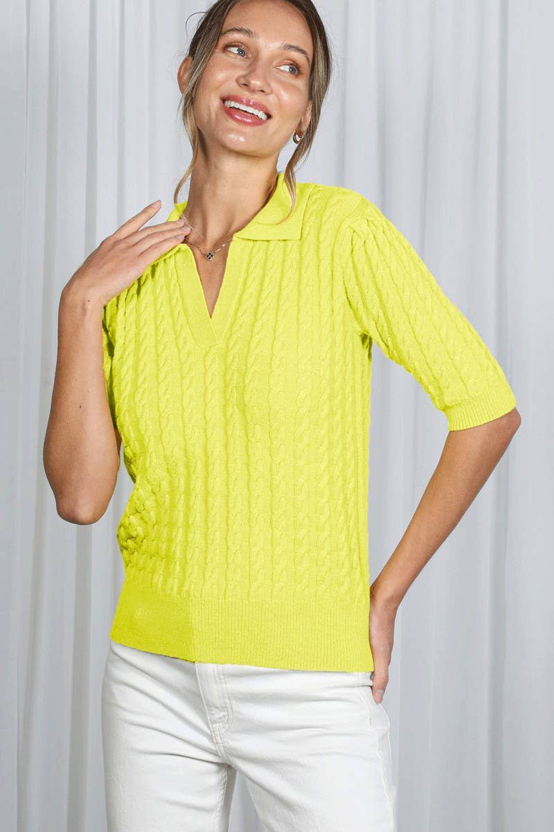 Collared Split Neck Cable Detail Knitted Sweater VT82673