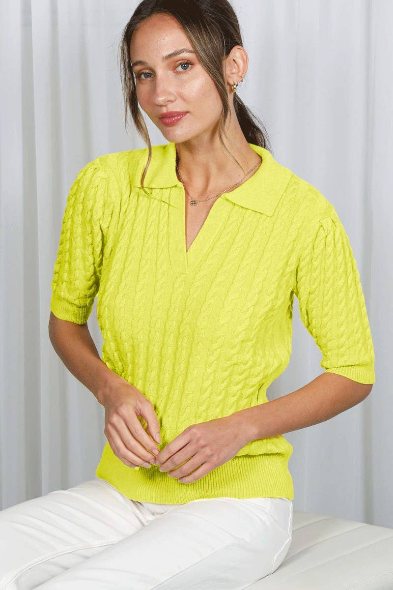 Collared Split Neck Cable Detail Knitted Sweater VT82673