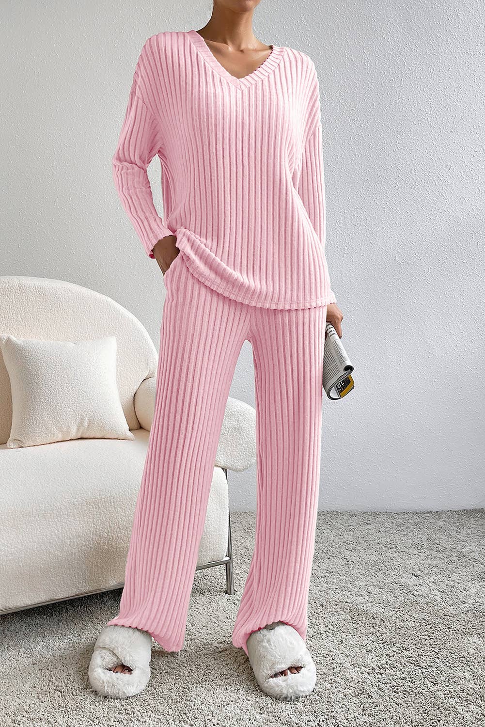 Ribbed Knit V Neck Slouchy Two-piece Outfit